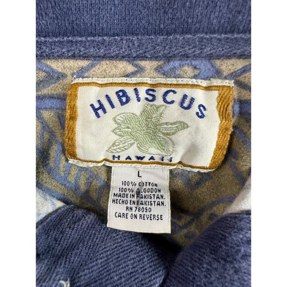 VINTAGE Hibiscus Hawaiian Shirt Mens Large Green Blue Floral Aztec Polo FLAW - Picture 4 of 12